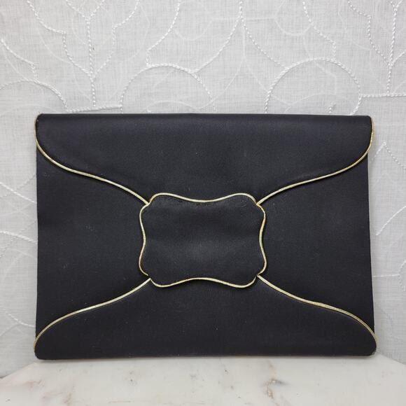 Vintage Yves Saint Laurent Silk Envelope Clutch 9" Black Gold Trim France - Picture 1 of 16